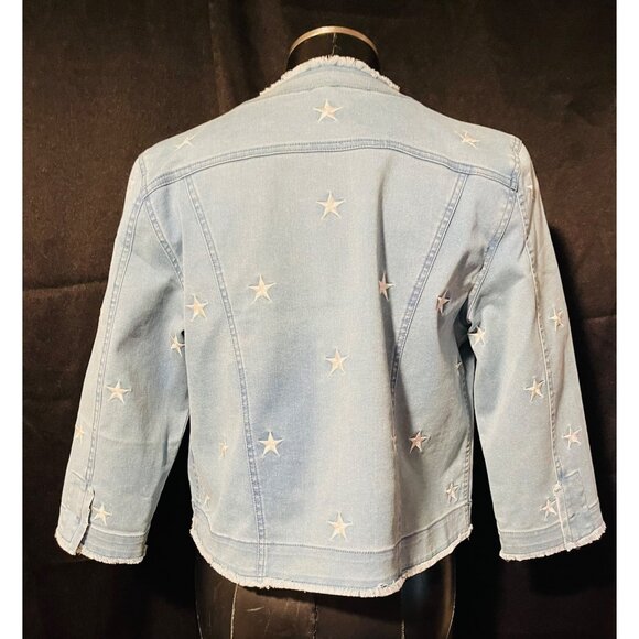 Lulu B Women's Frayed Jean Jacket Blue Stars Cropped Snap Button Relaxed Small - Picture 2 of 4